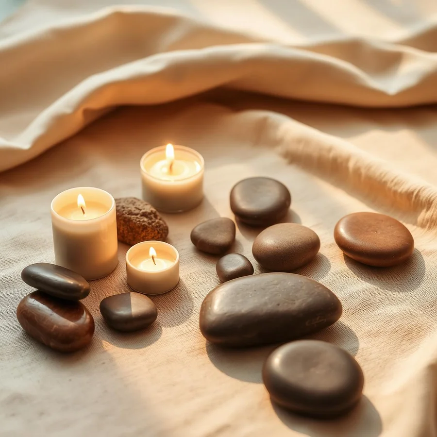 Bougies allumées et galets sur du linge de lin