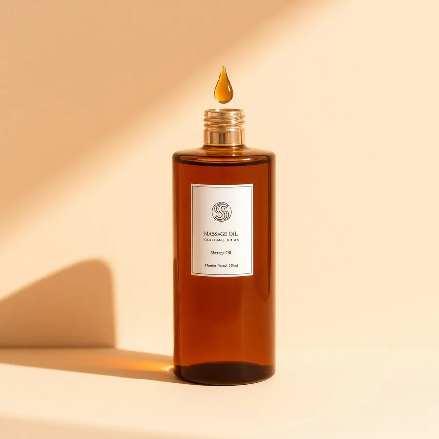 Flacon ambré d'huile de massage avec une goutte dorée