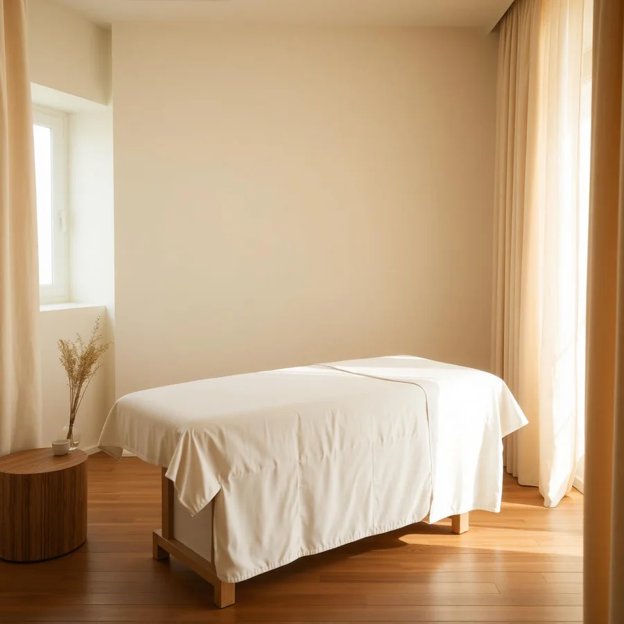 Cabine de massage minimaliste baignée de lumière chaude